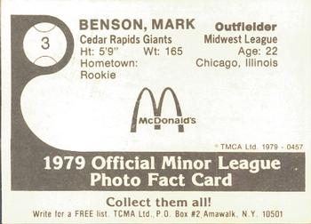 1979 TCMA Cedar Rapids Giants #3 Mark Benson Back