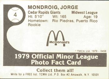 1979 TCMA Cedar Rapids Giants #4 Jorge Monroig Back