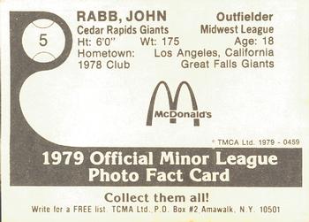 1979 TCMA Cedar Rapids Giants #5 John Rabb Back