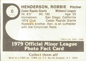 1979 TCMA Cedar Rapids Giants #6 Robbie Henderson Back