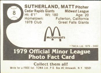 1979 TCMA Cedar Rapids Giants #8 Matt Sutherland Back