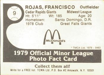 1979 TCMA Cedar Rapids Giants #9 Francisco Rojas Back