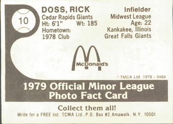 1979 TCMA Cedar Rapids Giants #10 Rick Doss Back
