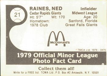1979 TCMA Cedar Rapids Giants #21 Ned Raines Back