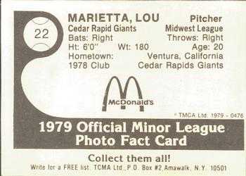 1979 TCMA Cedar Rapids Giants #22 Lou Marietta Back
