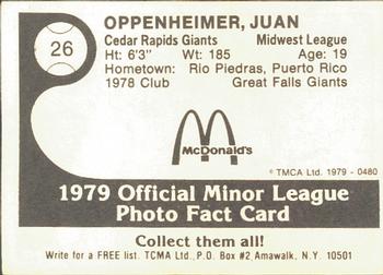 1979 TCMA Cedar Rapids Giants #26 Juan Oppenheimer Back