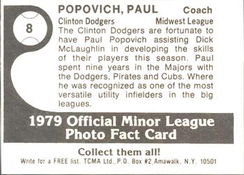 1979 TCMA Clinton Dodgers #8 Paul Popovich Back