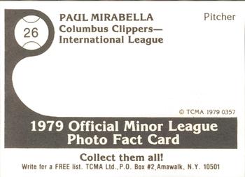 1979 TCMA Columbus Clippers #26 Paul Mirabella Back