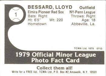1979 TCMA Elmira Pioneer Red Sox #1 Lloyd Bessard Back