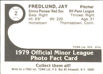 1979 TCMA Elmira Pioneer Red Sox #2 Jay Fredlund Back