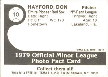 1979 TCMA Elmira Pioneer Red Sox #10 Don Hayford Back