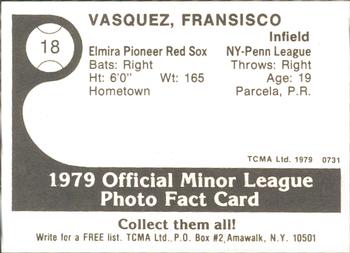 1979 TCMA Elmira Pioneer Red Sox #18 Francisco Vazquez Back