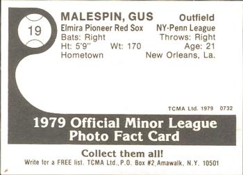 1979 TCMA Elmira Pioneer Red Sox #19 Gus Malespin Back