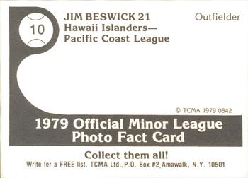 1979 TCMA Hawaii Islanders #10 Jim Beswick Back
