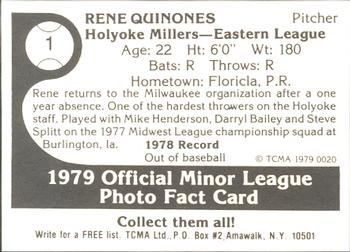 1979 TCMA Holyoke Millers #1 Rene Quinones Back