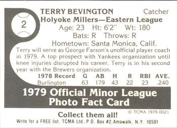 1979 TCMA Holyoke Millers #2 Terry Bevington Back