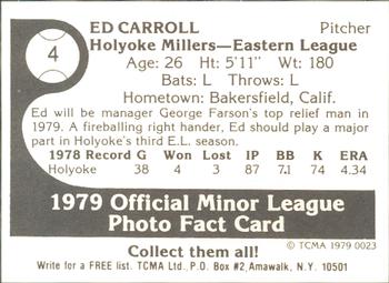 1979 TCMA Holyoke Millers #4 Ed Carroll Back