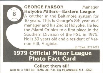 1979 TCMA Holyoke Millers #8 George Farson Back