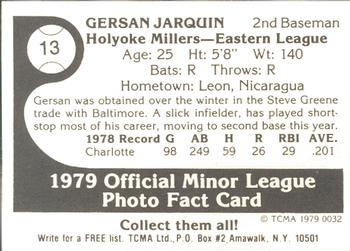 1979 TCMA Holyoke Millers #13 Gersan Jarquin Back