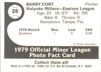 1979 TCMA Holyoke Millers #26 Barry Cort Back