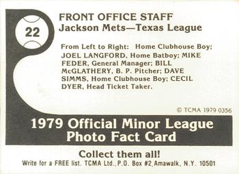 1979 TCMA Jackson Mets #22a Front Office Staff Back