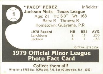 1979 TCMA Jackson Mets #1 Paco Perez Back