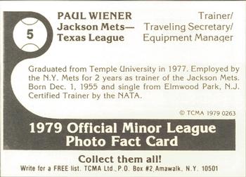 1979 TCMA Jackson Mets #5 Paul Wiener Back