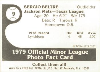 1979 TCMA Jackson Mets #9 Sergio Beltre Back
