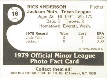 1979 TCMA Jackson Mets #16 Rick Anderson Back