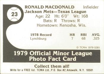 1979 TCMA Jackson Mets #23 Ronald MacDonald Back