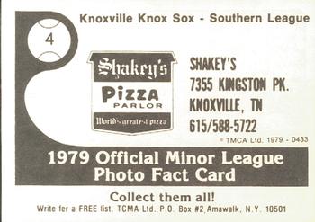 1979 TCMA Knoxville Knox Sox #4 Gordon Lund Back