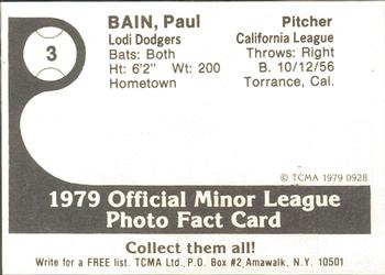 1979 TCMA Lodi Dodgers #3 Paul Bain Back