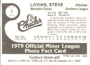 1979 TCMA Memphis Chicks #1 Steve Lovins Back