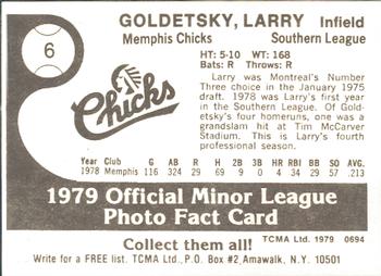 1979 TCMA Memphis Chicks #6 Larry Goldetsky Back