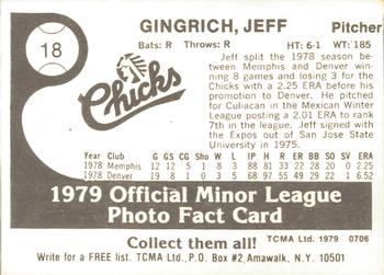 1979 TCMA Memphis Chicks #18 Jeff Gingrich Back