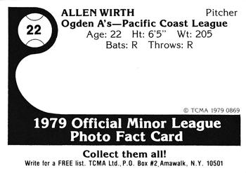 1979 TCMA Ogden A's #22 Alan Wirth Back