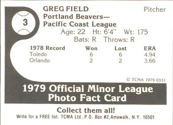 1979 TCMA Portland Beavers #3 Greg Field Back