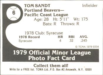 1979 TCMA Portland Beavers #6 Tom Sandt Back