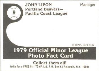 1979 TCMA Portland Beavers #9 John Lipon Back