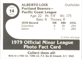 1979 TCMA Portland Beavers #14 Alberto Lois Back