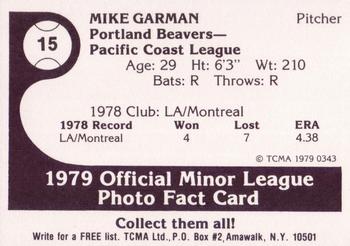 1979 TCMA Portland Beavers #15 Mike Garman Back