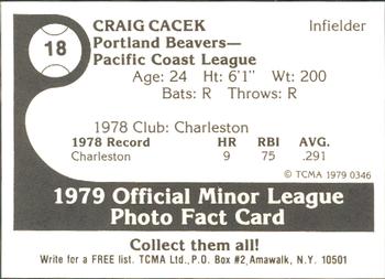1979 TCMA Portland Beavers #18 Craig Cacek Back