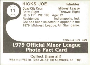 1979 TCMA Quad City Cubs #11 Joe Hicks Back
