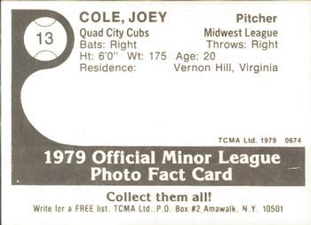 1979 TCMA Quad City Cubs #13 Joey Cole Back