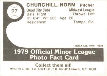 1979 TCMA Quad City Cubs #27 Norm Churchill Back