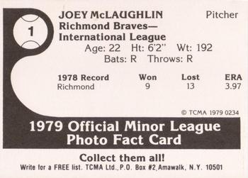 1979 TCMA Richmond Braves #1 Joey McLaughlin Back