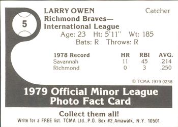 1979 TCMA Richmond Braves #5 Larry Owen Back