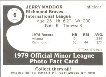 1979 TCMA Richmond Braves #6 Jerry Maddox Back
