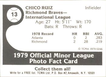 1979 TCMA Richmond Braves #13 Chico Ruiz Back