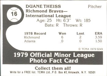 1979 TCMA Richmond Braves #16 Duane Theiss Back